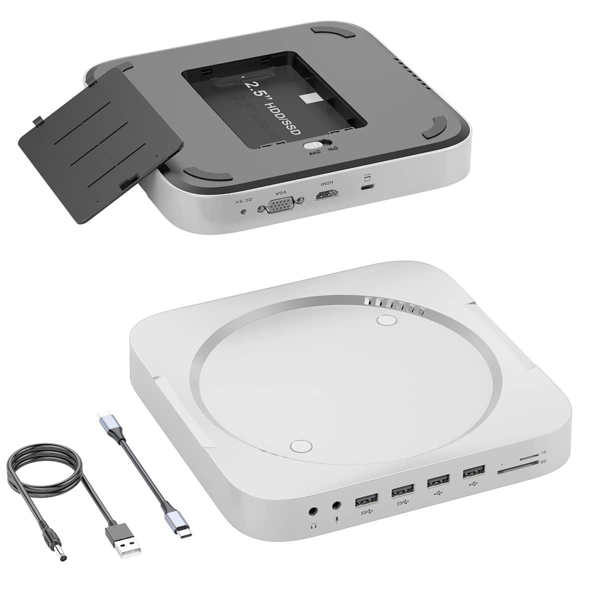 Mini docking station per Mac Mini M2 / M1 con HDMI, VGA, SSD/HDD SATA, USB3.0, USB 2.0, TF e SD, jack video/audio per Mac Mini M2, Mac Studio