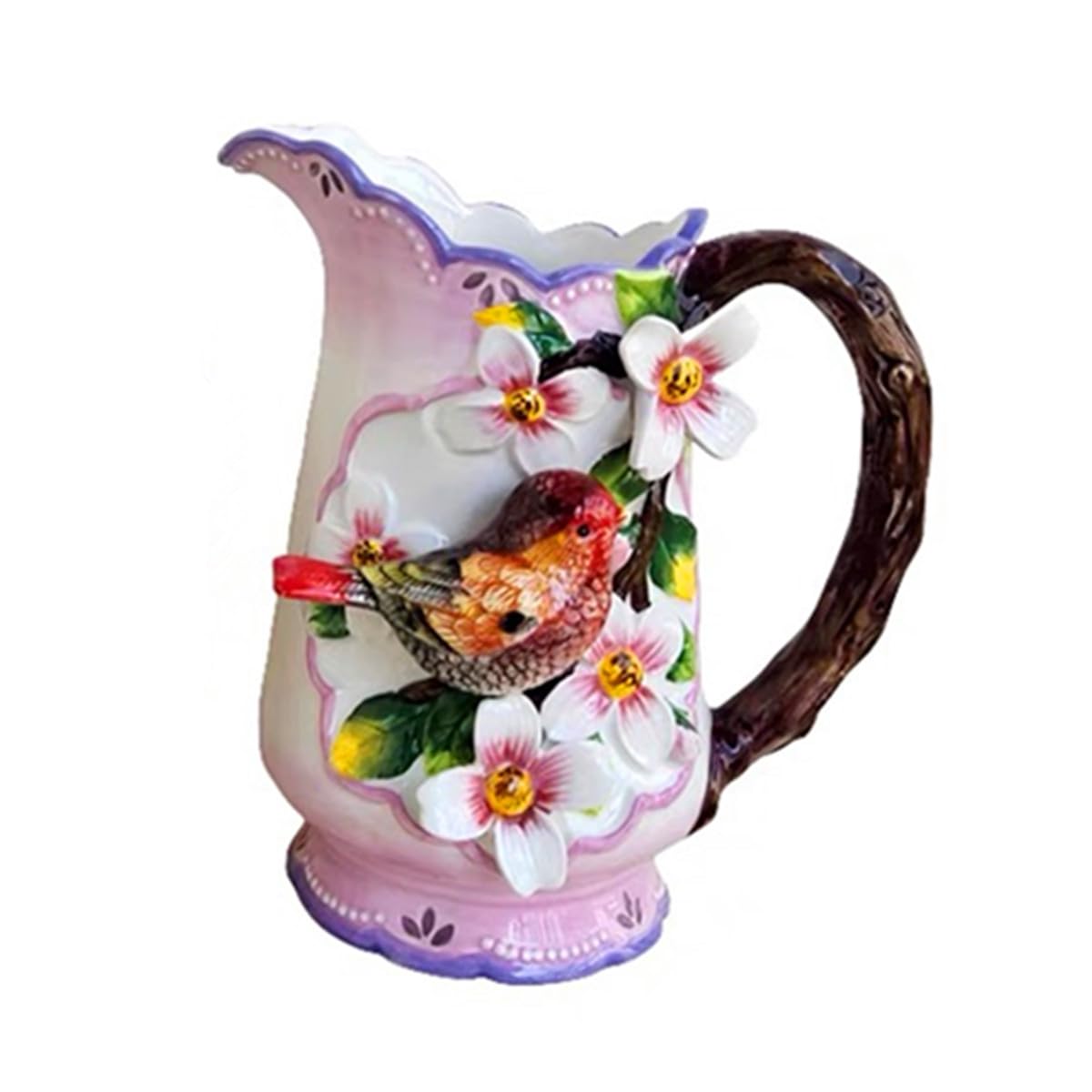 Ceramic Pitcher with Handle, 3D Hand-Painted Red Bird and Pink Hibiscus Flower Home Décor Vase- 8.4Inchs H, MN6028