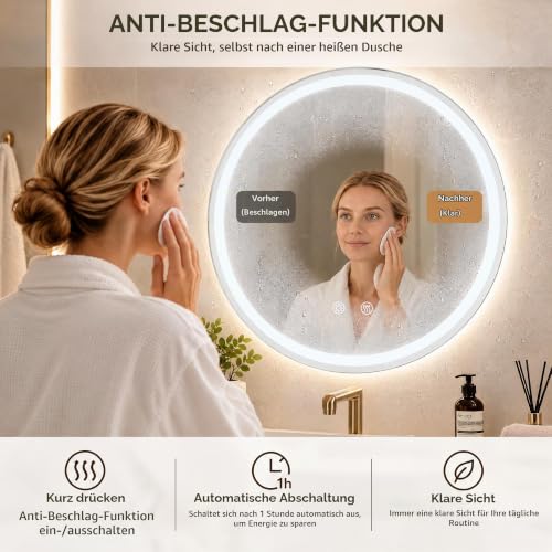 Clevich Runder Badspiegel mit Beleuchtung 80 cm, LED Wandspiegel – Ansicht 5