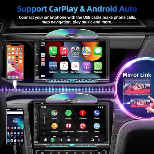 Image of 7 Inch Double Din Car Radio Stereo with CD /DVD Player Carplay&Android Auto | Support Bluetooth and Backup Camera, Touch Screen, Mirror Link, Steering Wheel Control, USB /TF /AUX Input, AM /FM Radio