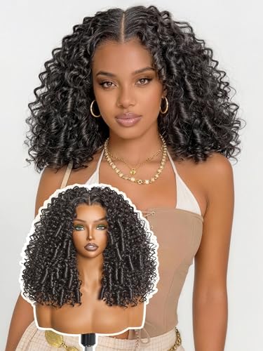 Image of Kinky Curly Half Wig 13X6 HD Lace Frontal Glueless Wig 14 Inches | Headband Wig with Unique Bouncy Curl,Veralux Fiber Blend Human Hair 200% Density Natural Black Ready to Go for Women