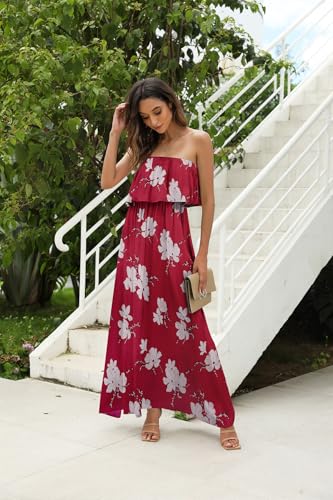 Image of ZMPSIISA Women's Summer Off The Shoulder Maxi Dress Ruffle Strapless Blue White Porcelain Boho Casual Loose Long Dresses