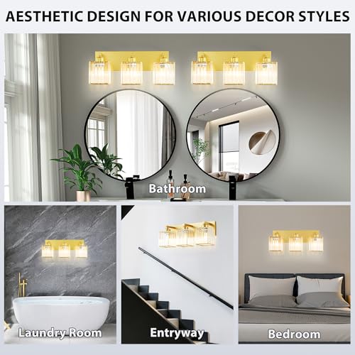 Image of Bathroom Vanity Light Fixtures Over Mirror - Makeup Lighting Pure Gold - for Modern Wall, Bath, Desk, Farmhouse, Hallway 3 Crystal Lights