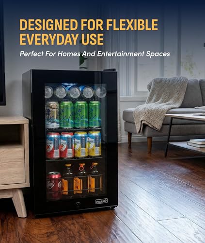 Image of NewAir 90 Can Beverage Refrigerator | Freestanding Small Mini Fridge for Bedroom, Home Bar or Office | Adjustable Shelves, Quiet Cooling & Locking Door | Black