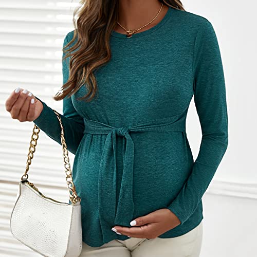 Oyoangle Women's Maternity Top Basic Round Neck Long Sleeve Belted Casual Tunic Blouse Shirt Pregnancy Clothes Teal Blue Xl #TOP5
