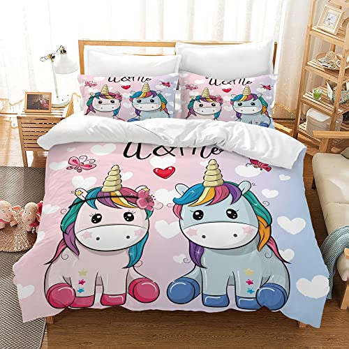 Funda Nórdica Unicornio, Ropa de Cama de Microfibra de Dibujos Animados, Juego de Cama para Niñas y Niños Con Cremallera y 2 Fundas de Almohada (B, 220 x 240 cm)