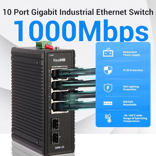 Image of Industrial Ethernet Switch, 10-Port Gigabit Din Rail Switch Hardened, 1000Mbps, 8 Ethernet Ports + 2 SFP Port, Din Rail & Wall Mountable (-40 to 185 F), 20Gbps Switching Capacity, with UL Power Supply
