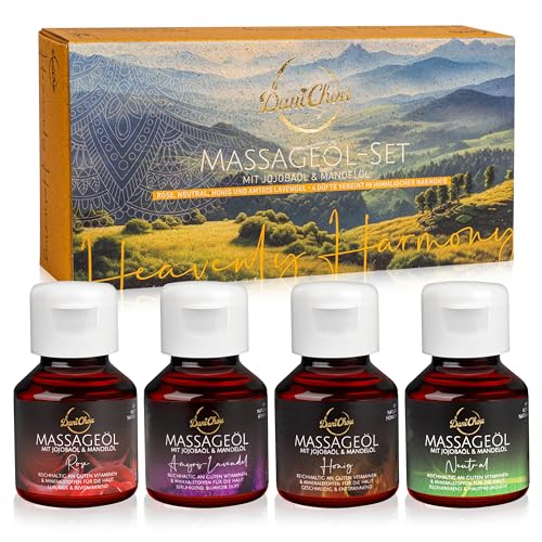 DaniChou Heavenly Harmony Massageöl Set – 4x 50 ml – Luxuriöse Massageöle für Tiefenentspannung & Hautpflege – Jojobaöl & Mandelöl mit Honig-, Rosen-, Neutral- & Amyris-Lavendel-Duft | Made in Germany