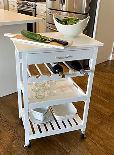 Rolling Wooden Pine Kitchen Storage Utility Cart on Wheels 4-Tier with Drawer, Removable Serving Tray, Open Shelf and 5-Bottle Wine Rack, White
