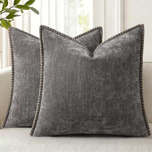 Image of decorUhome Fall Chenille Soft Throw Pillow Covers 24x24 Set of 2, Farmhouse Velvet Neutral Decorative Euro Sham Pillow Covers with Stitched Edge for Couch Sofa Bed Home Decor, Dark Grey