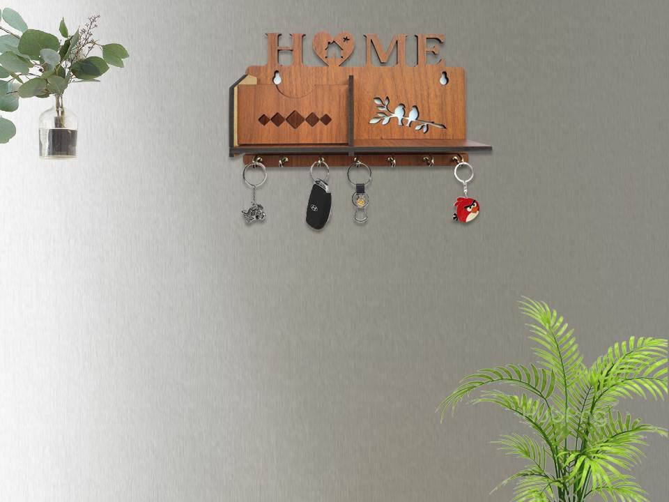 Image of MDF Wooden Wall Mounted Designer Home Wall Shelf Key Chain Holders Home Decor Stylish Hook Stand Key Organizer for Decor Home, Living Room and Office Matte Finish Mobile Charging Stand
