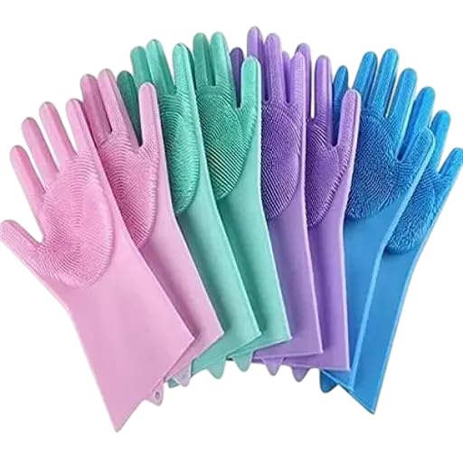 Silicone Cleaning Gloves Scrubbing Bristles, Pink, Green, Purple, Blue, Pack of 1 (2 Gloves) | & | Steel Scrubbing Sponge | Metal Scrubber for Tough Cleaning | High Absorption (Pack of 12)