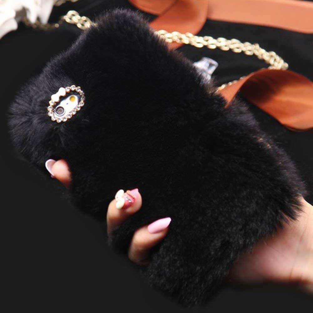 LAPOPNUT Plush Cover for iPhone 5 5S SE Case Luxury Faux Fur Case Luxury Super Soft Cover Fluffy Furry Shockproof Back Case Cover with Chic Bowknot Bling Crystal Diamond, Black