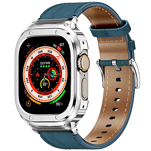 Suplink Metal Case with Leather Watch Strap Compatible Apple Watch Straps 49mm,Stainless Steel Rugged Protector Cover Bumper Genuine Leather Band for iWatch Ultra 2/1(Blue/Silver,49mm)