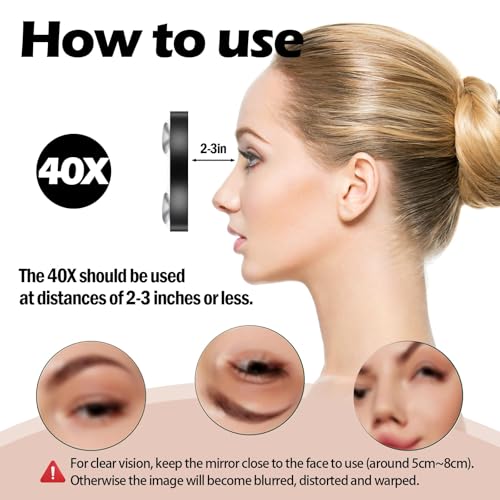 kaiyaya 40X specchio d'ingrandimento piccolo specchio ingranditore con ventosa e pinzette cosmetico da 8 cm set compatti per un trucco preciso e una depilazione delle sopracciglia - 3