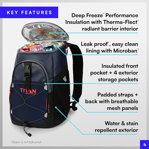 Image of Titan by Arctic Zone Deep Freeze Backpack Cooler - 24 Can Cooler Bag Insulation, Navy Blue