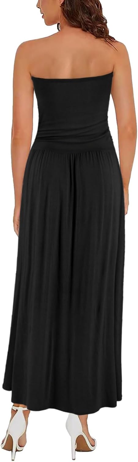 Women?S Strapless Bandeau Summer Long Dress Casual Strapless Beach Sundress Off Shoulder Party Maxi Dress with Pockets