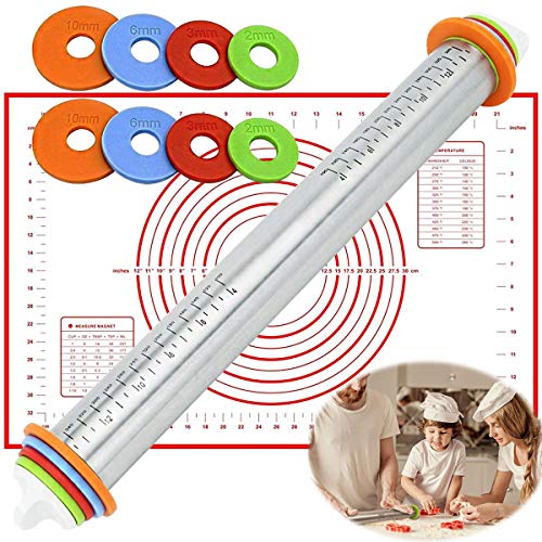 Adjustable Rolling Pin Stainless Steel Roller Pin with Thickness Rings and pastry mat for Bakery Cookie Fondant Dough Pastry Pizza Pie Crust,Kids Baking Guides Set GM001