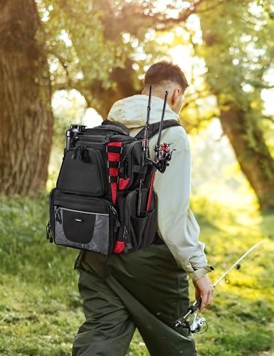 Image of Piscifun Fishing Tackle Backpack with 2 Rod Holders, 4 Boxes & Rain Cover