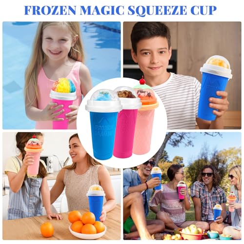 Slushie-Becher, 3 Stück, Slushy Maker Cup, Frozen Magic Squeeze Cups für Saft, Milch, Joghurt, Eis, DIY, Smoothie, Kühlbecher mit Deckel und Strohhalm, für Kinder, Freunde, Familie (Blau + Rosa + – Bild 8