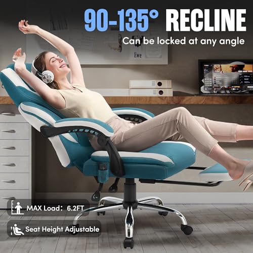 Image of Massage Office Chair with Footrest,6-Point Vibration and Heat Executive Office Chairs,Ergonomic Desk Chair for Heavy People,500LBS Big and Tall Fabric Office Chair,Reclining Managerial Chair,Bluewhite
