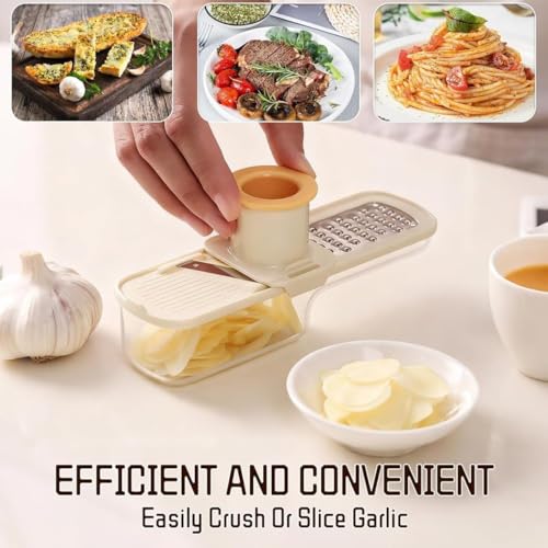 Image of 3 in 1 Garlic Slicer with Container and Hand Guard, Manual Garlic Cutter and Vegetable Grater Tool with Removable Blades