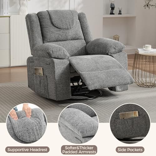 Image of Oversized Swivel Rocking Recliner Chair for Adults, 360 Swivel Glider Nursery Chair with Vibration Massage & Heat, Comfortable Single Sofa for Living Room Bedroom, Gray