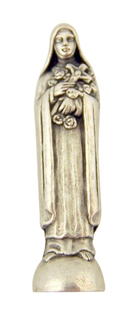 Catholic Saints Silver Tone Saint Therese The Little Flower Pocket Statue with Gold Stamped Prayer Card, 1 1/2 Inch