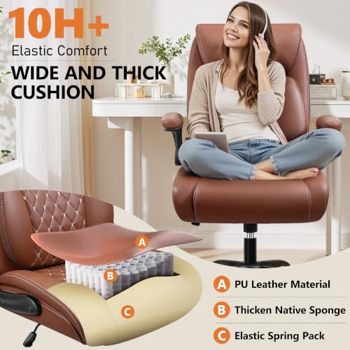Image of Office Chair, Ergonomic Desk Chair with Lumbar Support for Lower Back Pain Relief, Executive Leather Chair with Padded Flip-up Armrests and Wheels, Brown