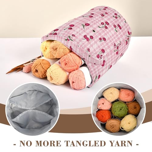 Image of Tatenale Crochet Bag Yarn Bag Knitting Project Bag with Pockets and Handle Portable Yarn Storage Organizer Tangle Free 8.3x11 InchPink Cute Checkered Cherry13