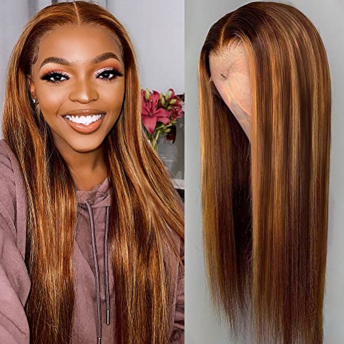 Flady Highlight HD Transparent Lace Front Human Hair Wigs for Women Pre Plucked 150% Density Brazilian Straight T-Part Lace Wig With Baby Hair 4/30 Color (18inch)