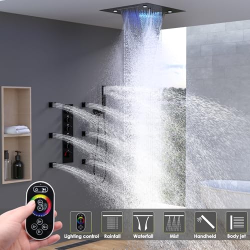 Sistema de ducha termostática de cuerpo entero Enga con LED y jets corporales, cabezal de 20 pulgadas con 3 funciones (lluvia, niebla, cascada), juego de grifería de ducha de lujo en negro mate miniatura 6
