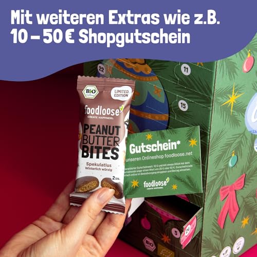 foodloose Bio-Snack Adventskalender 2025 | Vegan, glutenfrei und laktosefrei| Nussriegel, Nut Butter Bites & White Delights|Inklusive limitierter Wintersorten & Überraschungen