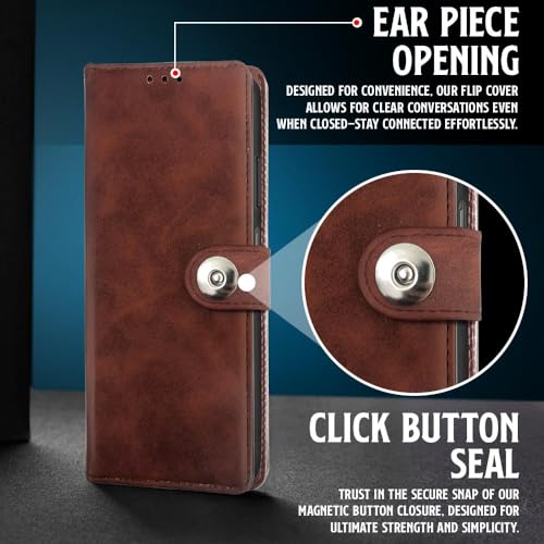 Image of WOW IMAGINE Shock Proof Flip Cover Back Case for Realme C75 | Realme C73 | Narzo 80 lite 5G | P3 Lite 5G (Magnetic Button Flip Case | Wallet Pockets & Stand | Leather Finish | (Coffee)