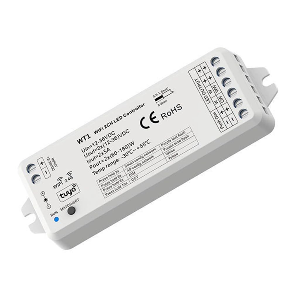 Tuya - Regulador de intensidad LED de 12 a 36 V, 2 canales con mando a distancia de 2,4 G, controlador de tira LED para tiras LED monocromáticas