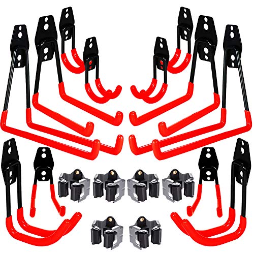 3-H Gancho de suspensión de garaje 12pc, soporte de pared resistente para organizar herramientas eléctricas, Colgador Escoba y Fregona 6pc, cobertizo, escaleras, bicicletas y artículos a granel(Red(