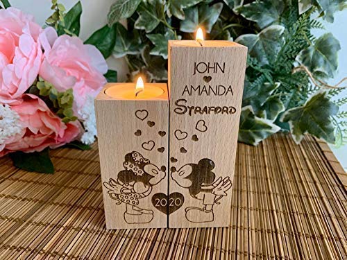 Mickey And Minnie Mouse Wood Candle Holder Custom Disney Wedding Gift Personalized Engraved Couple Names Any Year Love Heart Christmas Gift Home Decor Wooden Decorative Tea Light Valentines Day Decor #TOP6