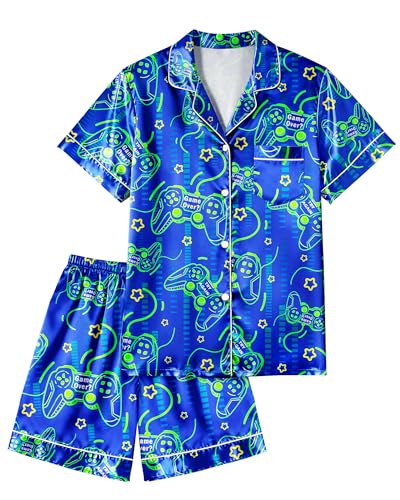 PASHOP Boys Pajamas Boys Satin Pajamas Set Summer Short Sleeve Button-Down & Shorts Gamer Pjs Kids Boy Silk Pajama Size 9 10