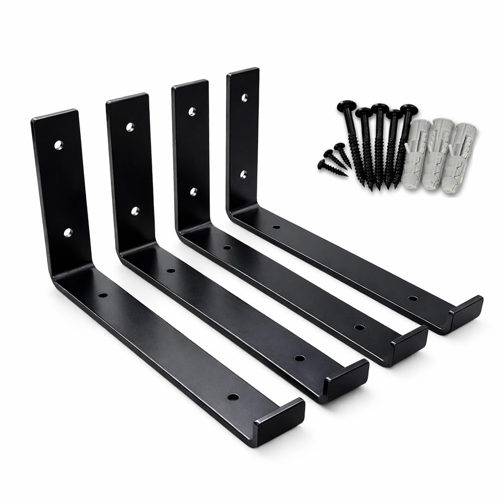 MKGT Set of 4 Heavy Duty Steel Shelf Brackets for Scaffold Board Shelving, 225mm Wall Mounted Rustic Industrial Supports, Black