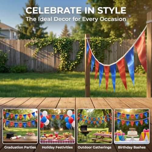 Image of 40M /130FT Blue Red Triangle Pennant Banner Flag Metallic Fabric Bunting Garland for Christmas Graduation, Independence Day, 4th of July, Patriotic Themed Party Decoration