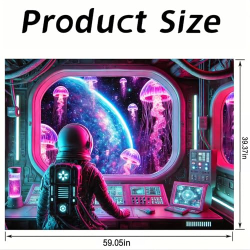 Image of Nuxovilar Neon Astronaut Wall Tapestry Polyester 78.74x59.05 In | Glow Poster Trippy Art Cosmic Decor UV Wall Hanging Studio Rec Room Themed Gathering (Astronaut Jellyfish)