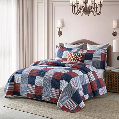 Image of Finlonte Quilts Queen Size - 100% Cotton Queen Comforter Set Blue Red White Plaid Farmhouse Quilt Bedding Set, Reversible Lightweight Soft Bedspread, Quilted Coverlet All-Season, 3-Piece