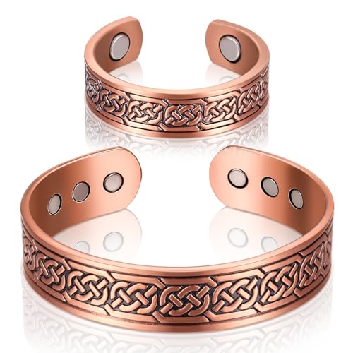 Sinmoe Set de 2 Pcs Bracelet et Bague Magnétiques en Cuivre Bracelet et Anneau Magnétique pour Homme Femme Jonc Réglable en Cuivre Massif Bague avec...