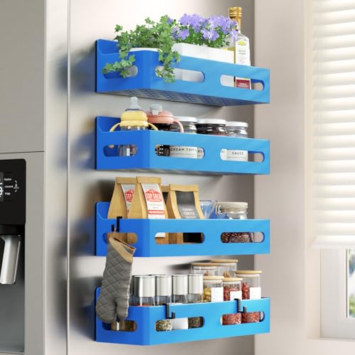 Image of 4-Pack Magnetic Spice Rack for Refrigerator with Hooks, Blue | Strong multipurpose magnetic shelf for kitchen & bathroom organization. Includes 4 removable hooks for hanging items.
