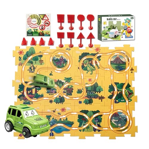 LIHBCAIYI Puzzle Track Car Play Set 25PCS Racer Kids Car Track Set, Dinosaur-Themed Puzzles, Educational Montessori Toys for 3-6 Year Old Boys & Girls