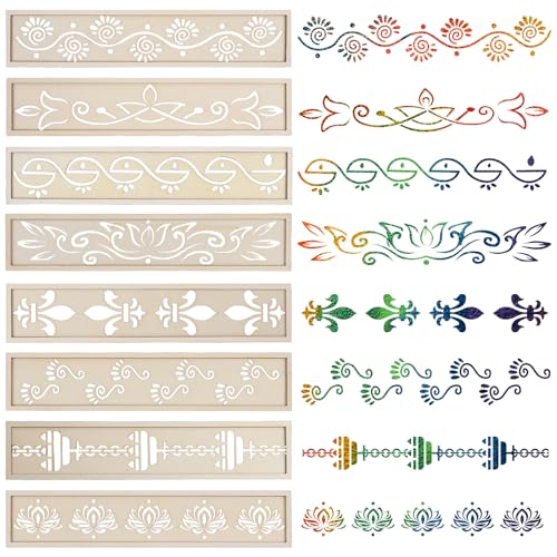 8Pcs 12 Inch Rangoli Stencils for Diwali Decoration Wooden DIY Sand Art Making Kit Lotus Peacock Floral Diya Stencils Diwali Items for Varalakshmi Pooja Decoration Onam Indian Festival Home Decor