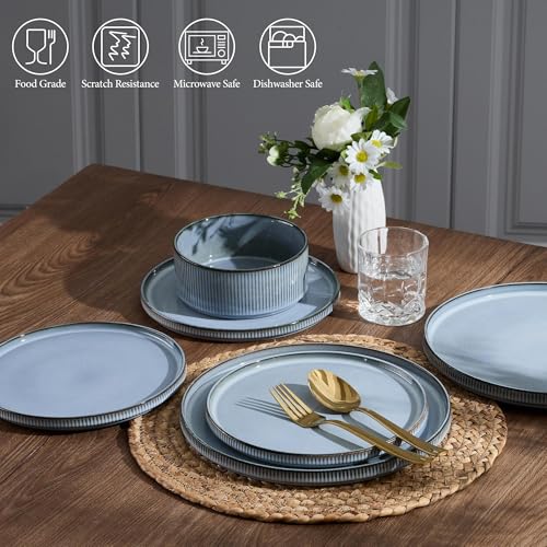 Image of E-far Stoneware Dinnerware Sets, 18-Pieces Modern Plates and Bowls Sets, Kitchen Dinning Porcelain Dishes Set for 6, Chip & Scratch Resistant, Dishwasher & Microwave Safe, Dusty Blue