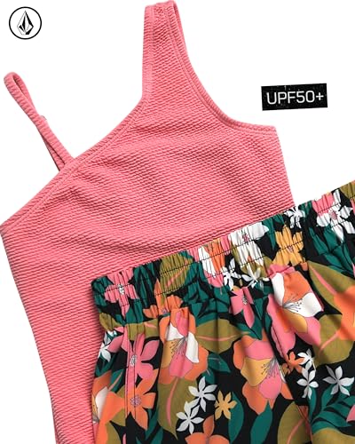 Image of Volcom Girls' Swimsuit Set - UPF50+ Quick-Dry Girls One Piece Swimsuits with Matching Swim Shorts for Swimming (Sizes: 2T-16)