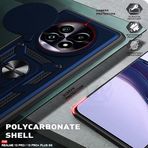 Image of AESTMO Tough Armor Compatible with Realme 13 Pro / 13 Pro Plus 5G Bumper Back Case Cover | Ring Holder & Sliding Camera Shield Cover | 360 Degree Protection Back Case Cover (Blue)