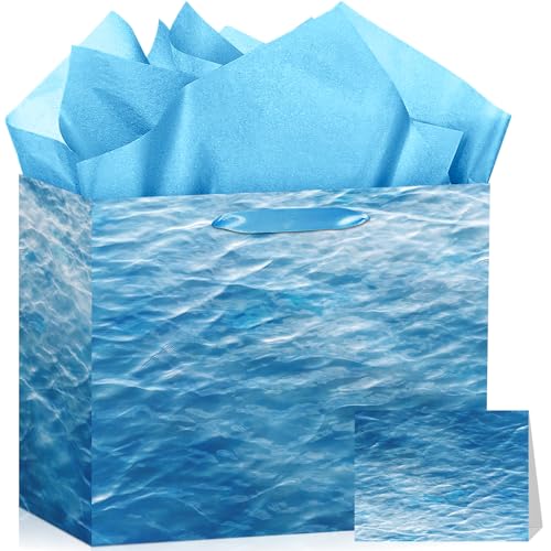 TagreSpike Ocean Waves Gift Bag with Tissue Paper and Card Blue Goodie Candy Bags Under the Sea Party Decorations Ocean Water Print Treat Party Favors for Beach Pool Summer Birthday Mermaid Supplies